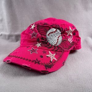 Baseball Mom Hat Womens Adjustable Pink Cadet Army Cap Rhinestones‎ Stars